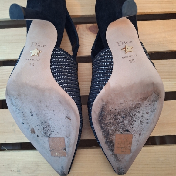 Christian Dior J'Adior Black Slingback Pumps w/ Silvertone Strass Crystal Sz 39 - Picture 12 of 12